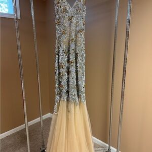Jovani Silver and Gold Beaded Evening Dress
